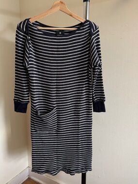 Snow Peak Blue White Striped Boat Neck Long Sleeve Knit Dress